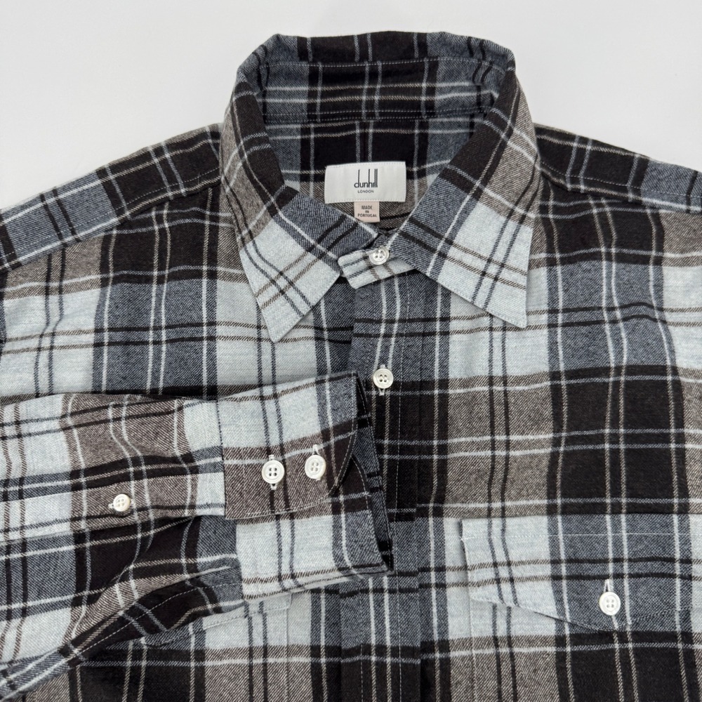 Dunhill London Mens 2XL Plaid Flannel Button Down Shirt Gray Brown Portugal
